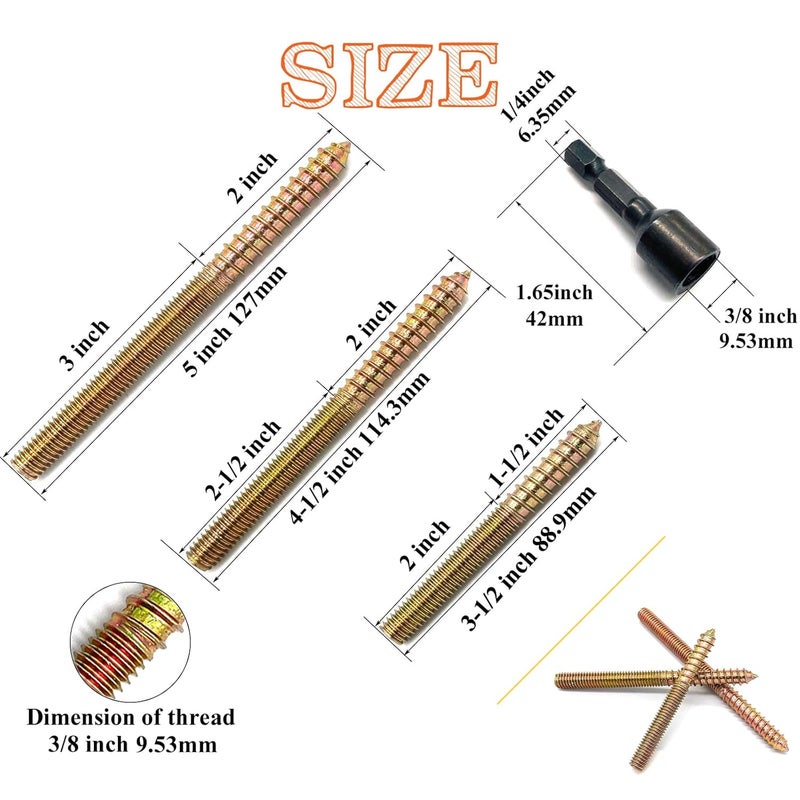 Matrelt 10Pack 3/8-16" Hanger Bolts 3 Long Sizes Include1 pcs Hanger Bolt Driver Double Headed Bolts Wood Dowel Screw Self-Tapping Screw Hanger Bolts for Furniture Screws Double Threaded Rods Bolt - Image 2